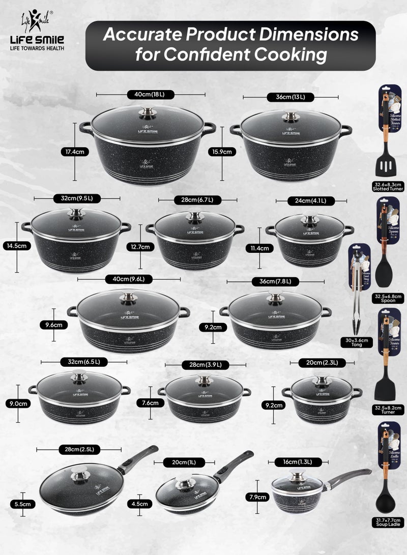 Life Smile طقم أواني الطهي غير اللاصقة من الجرانيت 31 قطعة – أواني طهي غير لاصقة متميزة، أواني الطهي والمقالي | طقم أواني وقائية للحرارة | أطباق خزفية (20/24/28/32/36/40 سم) مع أغطية، أواني ضحلة 28/32 سم، مقلاة مزدوجة 30 سم، قدر صلصة 1.3 لتر، غلاية صفارة 3.0 لتر، مقالي (20/24/28 سم) وملاعق مطبخ سيليكون مع حامل. - Image 3